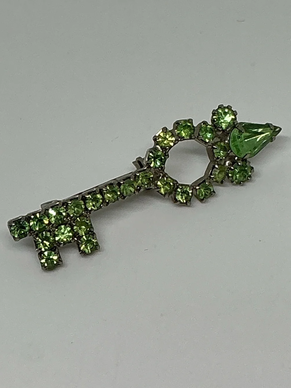 Vintage Green Rhinestone Key Brooch